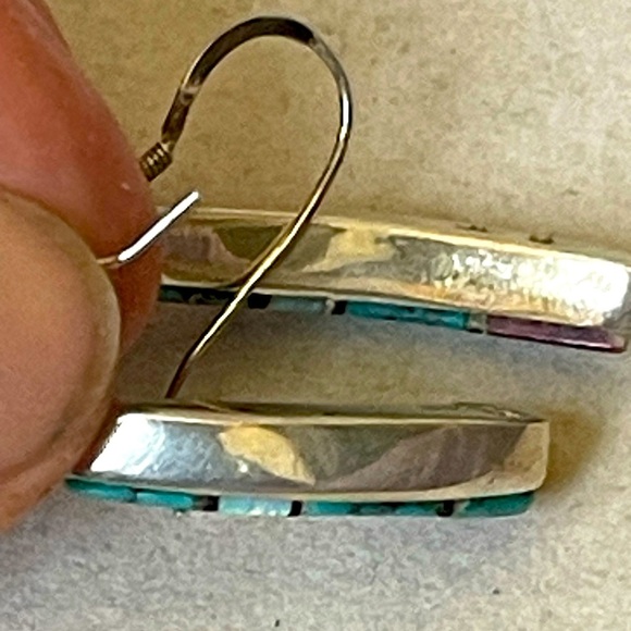 VTG Native American Earrings St Silver 925 Turquoise Opal Inlay Signed Marked - Picture 5 of 8